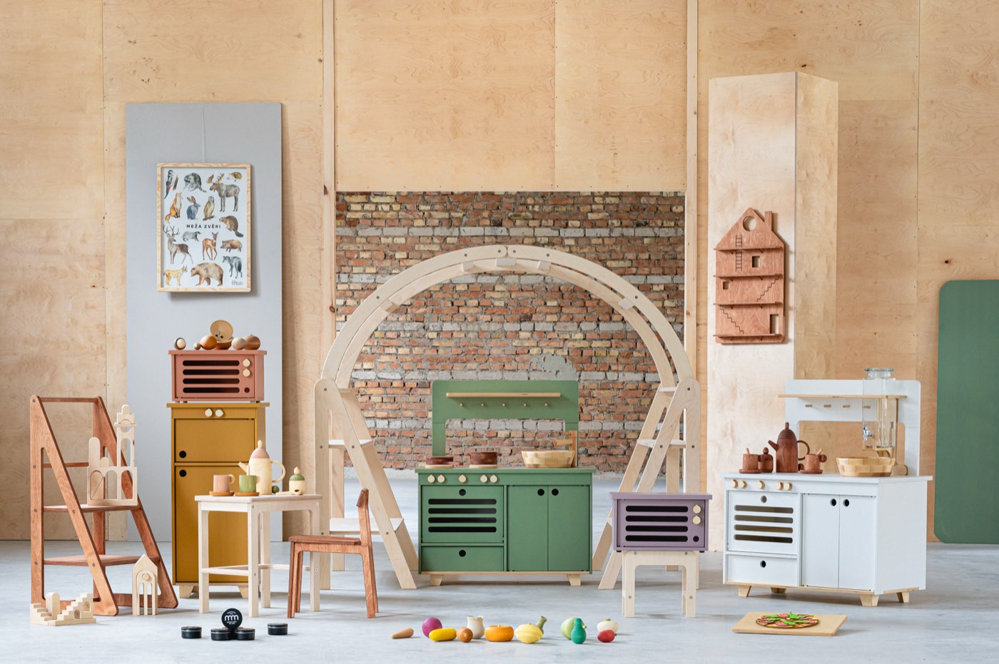Midmini wooden play kitchens, fridges and furniture in the workshop